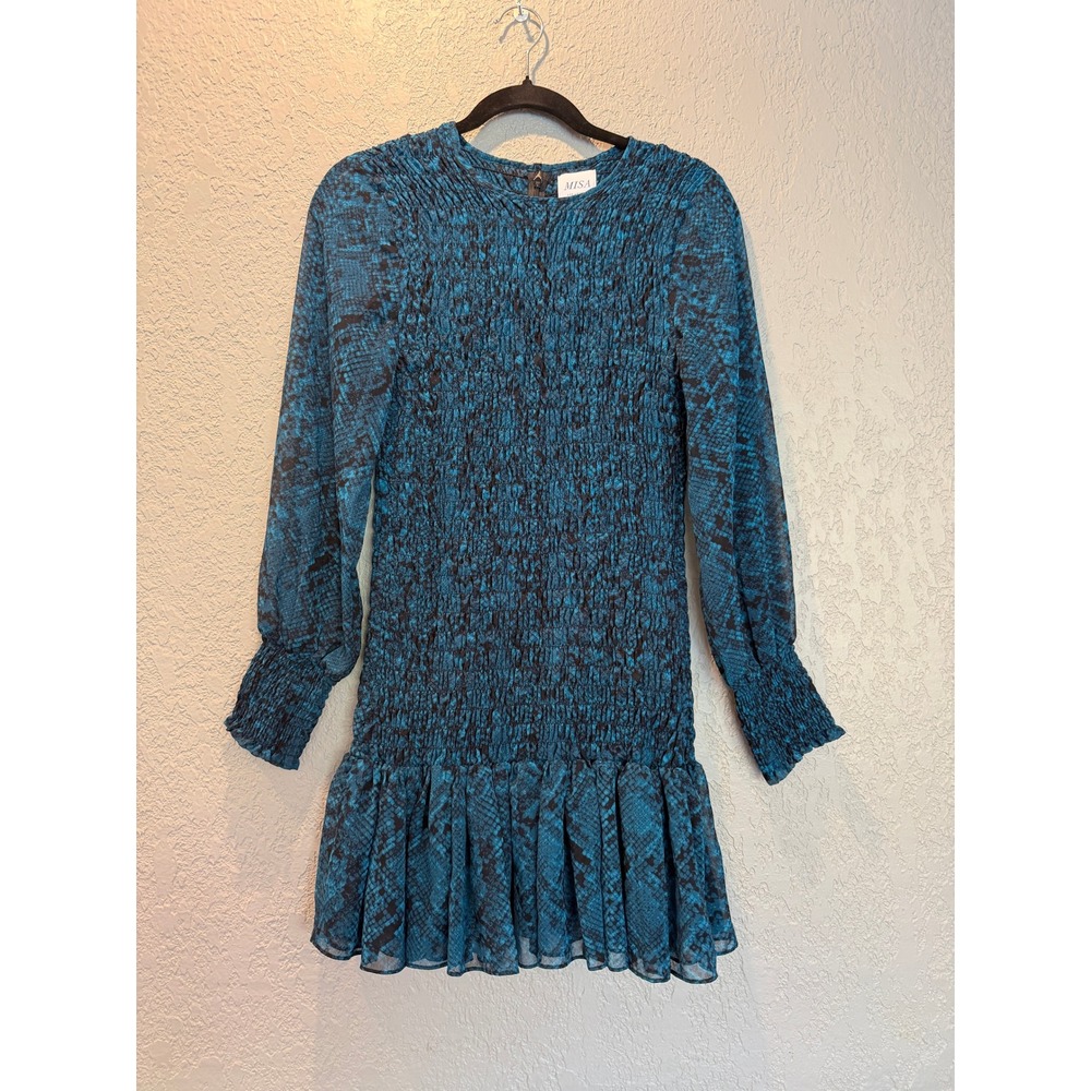 MISA Los Angeles Teal Black Snakeskin Smocked Mini Dress Long Sleeve Womens S